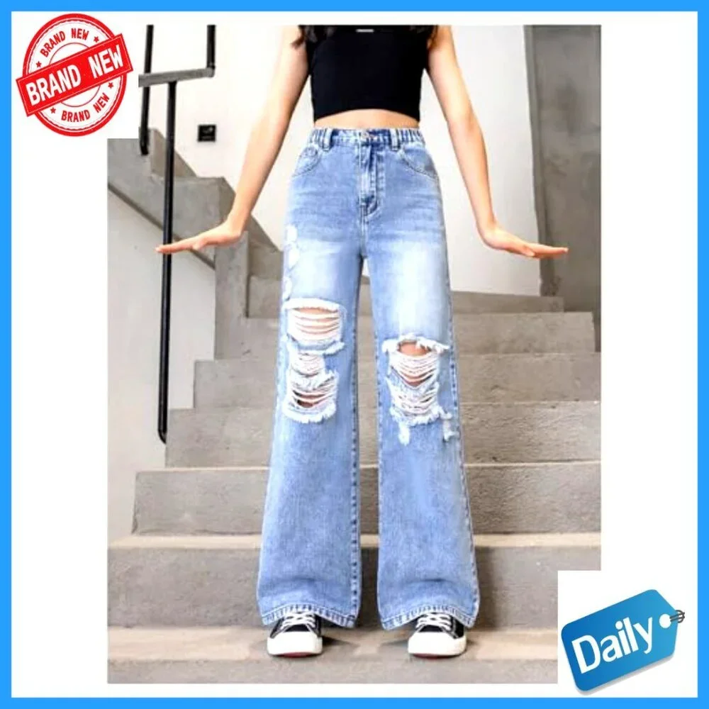 Girl's High Waist Elastic Ripped Wide Leg Jeans Distressed Denim Pants